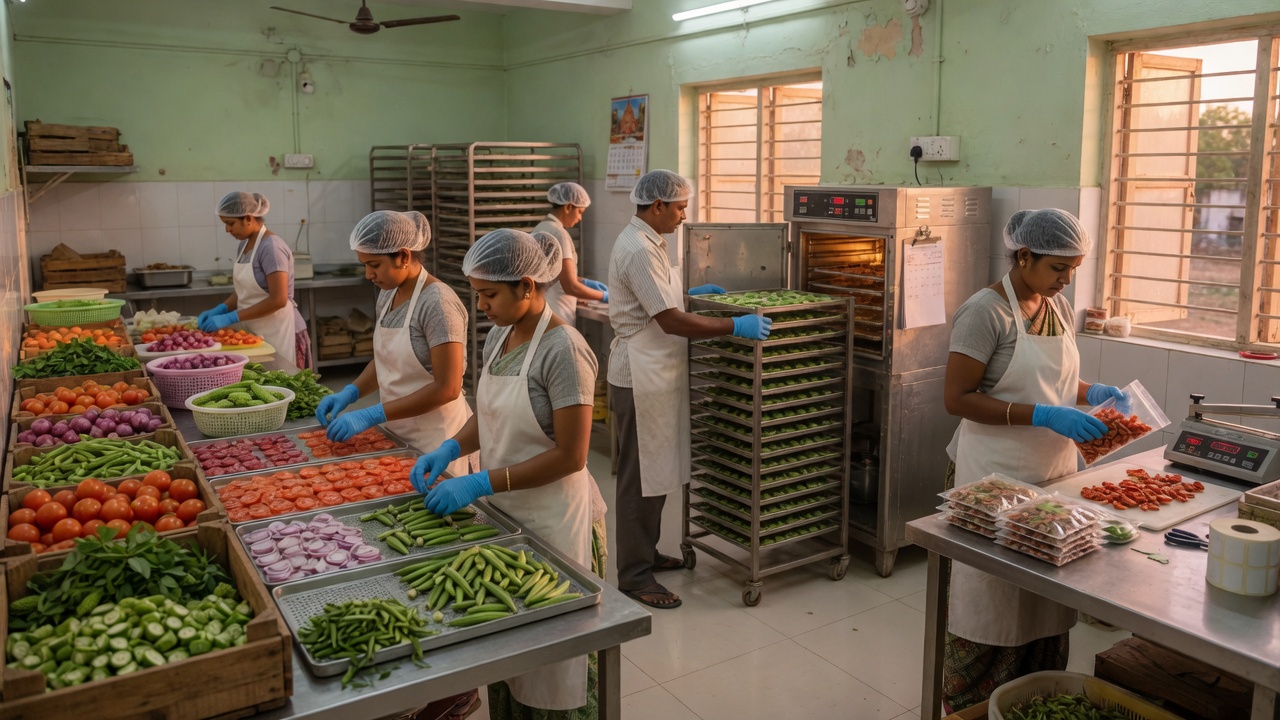 Men and women at work in a small vegetable dehydration facility